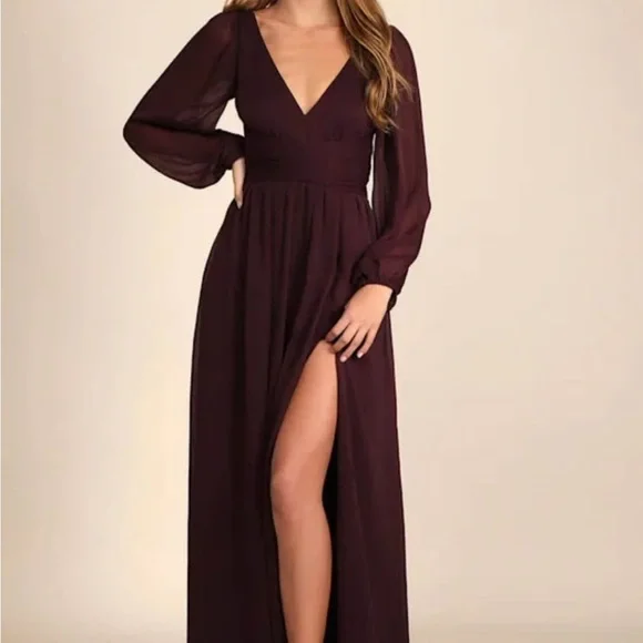 Lulu's Deep V-Neck Plum Long Sleeve Dress - Picture 1 of 7